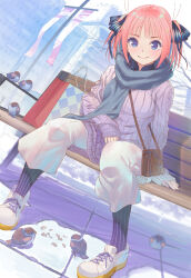 Rule 34 | 1girl, bench, bird, black scarf, black socks, blue eyes, butterfly hair ornament, city, closed mouth, full body, go-toubun no hanayome, hair ornament, highres, hirokiku, long sleeves, looking at viewer, nakano nino, on bench, outdoors, pants, pink hair, purple sweater, ribbed sweater, scarf, shoes, short hair, sitting, sneakers, socks, solo, striped clothes, striped socks, sweater, vertical-striped clothes, vertical-striped socks, white footwear, white pants, winter clothes