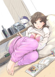Rule 34 | 1girl, :3, bandana, barefoot, bean bag chair, black eyes, black hair, book, bra, breasts, brown eyes, brown hair, cable, carina (xiaowoo), center frills, cleavage, clothes lift, commentary request, cup, dutch angle, facing viewer, feet, foreshortening, frilled bra, frills, highres, indoors, kaikan change, lace, lace-trimmed bra, lace trim, large breasts, legs together, long sleeves, looking at viewer, lying, makoto (carina), medium hair, modem, mug, multicolored clothes, on floor, on side, open book, open mouth, original, pajamas, pajamas pull, panties, pants, panty pull, pink bra, pink pants, printer, raised eyebrows, router, saionji makoto, shirt, shirt lift, short hair, sketch, skull and crossbones, solo, stuffed animal, stuffed toy, sweater, sweatpants, swept bangs, underwear, white bra, white panties, white shirt
