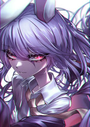 Rule 34 | 1girl, 33 gaff, animal ears, closed mouth, collarbone, long hair, looking at viewer, necktie, purple hair, rabbit ears, red eyes, reisen udongein inaba, simple background, solo, touhou, upper body, white background