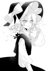 Rule 34 | 1girl, absurdres, arm up, black dress, black hat, bow, braid, dress, earrings, eyes visible through hair, frills, greyscale, hair between eyes, hair bow, hand on headwear, hand up, hat, hat bow, highres, jewelry, kirisame marisa, long sleeves, looking at viewer, monochrome, open mouth, puffy sleeves, shirt, short hair, simple background, single braid, smile, solo, touhou, white background, white bow, white eyes, white hair, white shirt, witch hat, yukia (yukia 777)