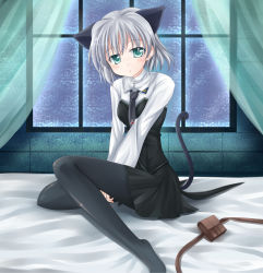 Rule 34 | 00s, 1girl, animal ears, bed, black pantyhose, cat ears, cat tail, green eyes, makino (ukiuo), necktie, pantyhose, sanya v. litvyak, short hair, silver hair, solo, strike witches, tail, world witches series