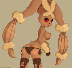Rule 34 | 10s, 1girl, animal ears, ass, bad id, bad pixiv id, black panties, black sclera, breasts, butt crack, colored sclera, creatures (company), dark nipples, dark skin, eyebrows, from behind, furry, furry female, game freak, gen 4 pokemon, looking back, lopunny, lowleg, maniacbox, mega lopunny, mega pokemon, nintendo, nipples, panties, perky breasts, pokemon, pokemon (creature), pokemon oras, rabbit ears, rabbit girl, rabbit tail, red eyes, side-tie panties, skindentation, tail, thick eyebrows, thighhighs, topless, torn clothes, torn legwear, trefoil, underwear