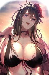 Rule 34 | 1girl, absurdres, backlighting, bare shoulders, bikini, black bikini, blush, breasts, brown hair, choker, cleavage, collarbone, commentary request, flower, granblue fantasy, hair between eyes, hair flower, hair ornament, highres, kakage, large breasts, long hair, looking at viewer, nail polish, open mouth, plant, purple eyes, rose, rosetta (granblue fantasy), smile, solo, strap pull, sunset, swimsuit, thorns, vines, wet