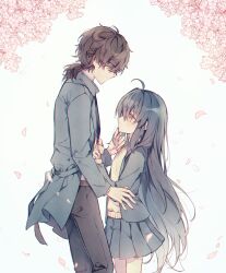 Rule 34 | 1boy, 1other, ahoge, alternate costume, alternate hairstyle, black hair, black pants, blazer, blush, cherry blossoms, collared shirt, eye contact, falling petals, fate/samurai remnant, fate (series), feminization, grey jacket, grey skirt, hachimitsu (melody), hair down, hand on another&#039;s chest, hand on another&#039;s chin, highres, jacket, long bangs, long hair, long sleeves, looking at another, low ponytail, miyamoto iori (fate), open clothes, open jacket, pants, petals, pleated skirt, school uniform, shirt, skirt, sweater, white shirt, yamato takeru (fate), yellow eyes