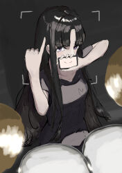 Rule 34 | 1girl, absurdres, ahoge, awa subaru, black hair, black shirt, breasts, cellphone, commentary request, drum, drum set, girls band cry, highres, holding, holding phone, hourou ningen, instrument, long hair, looking at viewer, medium breasts, parted bangs, phone, purple eyes, shirt, short sleeves, sidelocks, smartphone, solo, viewfinder