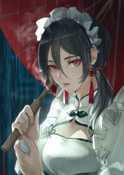 Rule 34 | 1girl, black hair, breasts, china dress, chinese clothes, cigarette, cleavage, cleavage cutout, clothing cutout, commentary request, dress, hair between eyes, highres, holding, holding umbrella, juliet sleeves, long sleeves, looking at viewer, low ponytail, maid headdress, marumoru, mouth hold, oil-paper umbrella, original, parted lips, puffy sleeves, red eyes, red umbrella, romaji commentary, side ponytail, small breasts, smoke, smoking, solo, umbrella, upper body, white dress