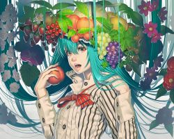 Rule 34 | 1girl, adapted costume, apple, apple hair ornament, aqua hair, bow, bowtie, cantaloupe, cherry, clematis (flower), dress, flower, food, food-themed hair ornament, fruit, grapes, hair flower, hair ornament, hat, hat flower, hinanawi tenshi, long hair, long sleeves, looking at viewer, melon, ogino (oginogino), open mouth, peach, persimmon, red eyes, shirt, solo, strawberry, striped bow, striped bowtie, striped clothes, striped dress, striped shirt, touhou, vertical-striped clothes, vertical-striped shirt, very long hair, white dress