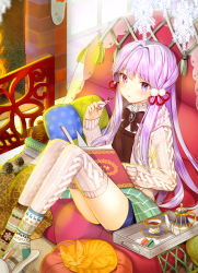 Rule 34 | 1girl, animal, artist request, blush, book, bookmark, bow, bowtie, brick, cat, couch, cup, cushion, emblem, fireplace, food, hair ornament, hair ribbon, highres, indoors, knees up, liquid, long hair, looking at viewer, macaron, on couch, open book, parted lips, pink hair, pintail (sword girls), pom pom (clothes), purple eyes, purple hair, purple thighhighs, ribbon, saucer, shorts, sidelocks, sitting, slippers, solo, sword girls, teacup, teapot, thighhighs, thighs, tray