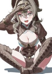 Rule 34 | 1girl, :d, absurdres, arm up, boots, breasts, brown footwear, brown gloves, brown hat, brown shorts, cleavage, commentary, gloves, grey eyes, grey hair, hair between eyes, hat, highres, honkai (series), honkai impact 3rd, juliet sleeves, long hair, long sleeves, looking at viewer, medium breasts, open mouth, puffy sleeves, roena, shadow, shorts, shrug (clothing), simple background, sitting, sketch, smile, solo, thigh boots, v, vill-v, white background