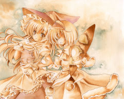 Rule 34 | 2girls, alice margatroid, apron, baguette, blonde hair, bow, braid, bread, calligraphy brush (medium), capelet, chinako, dress, closed eyes, food, fur trim, graphite (medium), hair bow, hairband, hand on own chest, hat, holding another&#039;s arm, kirisame marisa, long hair, looking at viewer, mittens, multicolored background, multiple girls, open mouth, painting (medium), puffy short sleeves, puffy sleeves, scarf, sepia, short hair, short sleeves, single braid, skirt, skirt set, smile, touhou, traditional media, waist apron, watercolor (medium), witch hat, wrist cuffs