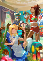 Rule 34 | 2girls, absurdres, alice (alice in wonderland), alice in wonderland, aqua eyes, blue dress, book, breasts, cheerleader, cheshire cat (alice in wonderland), clock, cuckoo clock, cup, curtains, daruma doll, dreadlocks, dress, glasses, glico, glico man, highres, indoors, kimi tarou, mad hatter (alice in wonderland), march hare (alice in wonderland), multiple girls, mushroom, navel, open book, painting (object), pouring, queen of hearts (alice in wonderland), sitting, small breasts, smile, teacup, teapot, thighhighs, white thighhighs, window, yellow eyes