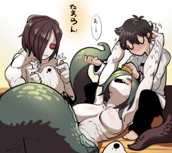 Rule 34 | 1boy, 2girls, arms around neck, artist name, black hair, blush, breasts, breasts apart, brown hair, chaldea uniform, claws, closed eyes, clothed male nude female, commentary, commentary request, closed eyes, fangs, fate/grand order, fate (series), fujimaru ritsuka (male), gills, green hair, hair brush, brushing hair, hand on another&#039;s head, jacket, lamia, lamia (fate), large breasts, looking at another, looking up, monster, monster girl, multiple girls, muscular, muscular female, naga (fate), no mouth, no nipples, nude, open mouth, pants, red eyes, scales, short hair, sido (slipknot), simple background, speech bubble, tail, u u, white background
