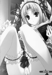 Rule 34 | 1girl, absurdres, bandaid, bandaid on pussy, bonnet, book, bottomless, frills, goth fashion, greyscale, hair ribbon, highres, indoors, latin text, bridal garter, long hair, looking at viewer, monochrome, non-web source, ranguage, ribbon, scan, solo, suzuhira hiro, thighhighs, twintails