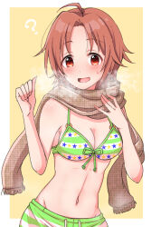 Rule 34 | 1girl, ?, absurdres, ahoge, bare shoulders, bikini, breasts, breath, brown eyes, brown hair, brown scarf, cleavage, dot nose, front-tie bikini top, front-tie top, green bikini, hands up, highres, idolmaster, idolmaster cinderella girls, idolmaster cinderella girls starlight stage, large breasts, mariabowl, midriff, navel, open mouth, print bikini, red eyes, saito yoko, scarf, short hair, simple background, smile, solo, star (symbol), star print, sweatdrop, swimsuit, yellow background