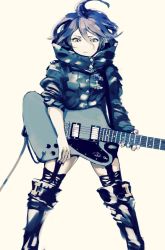 Rule 34 | 1girl, boots, coat, gbmah, guitar, hair between eyes, instrument, nail polish, open mouth, original, short hair, shorts, simple background, solo, wavy hair