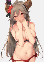 Rule 34 | 1girl, bikini, unworn bikini top, black bikini, blush, breasts, cleavage, covering privates, covering breasts, draph, flower, granblue fantasy, grey hair, hair flower, hair ornament, horns, large breasts, long hair, looking at viewer, mismatched bikini, multiple girls, navel, open mouth, red bikini, red eyes, simple background, solo, stomach, suzuame yatsumi, swimsuit, threo (granblue fantasy), very long hair, white background