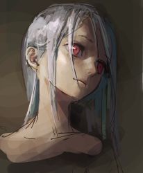 Rule 34 | 1girl, bad id, bad twitter id, brown background, close-up, expressionless, grey hair, head tilt, highres, long hair, looking to the side, original, portrait, red eyes, sketch, solo, treeware