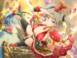 Rule 34 | 1girl, armlet, armor, balancing, bird, breasts, brown hair, chinese clothes, circlet, cleavage, cloud, cosplay, electricity, falling petals, feathered wings, fenghuang, floral print, flower, flying, gem, glasses, gold, green eyes, hand on own hip, highres, imu (senran kagura), jewelry, journey to the west, large breasts, light brown hair, lightning, looking at viewer, mountain, ocean, official alternate costume, official art, pelt, pendant choker, petals, pink flower, river, ruyi jingu bang, salute, senran kagura, senran kagura new link, senran kagura shinovi versus, short hair, shoulder armor, shoulder plates, single shoulder pad, sky, smile, solo, standing, standing on object, standing on one leg, sun wukong, sun wukong (cosplay), tassel, tiger stripes, twintails, water, wings, yaegashi nan, yellow sky