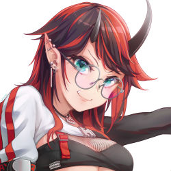 Rule 34 | 1girl, bikini, black bikini, black hair, blue eyes, breasts, closed mouth, commentary, compression sleeve, demon girl, demon horns, ear piercing, fishnet top, fishnets, glasses, grey-framed eyewear, gsong-chan, highres, horns, jacket, jewelry, large breasts, long hair, looking at viewer, multicolored hair, nanashi inc., necklace, official alternate costume, piercing, pointy ears, red hair, round eyewear, ryugasaki rene, ryugasaki rene (2nd costume), shrug (clothing), simple background, single sleeve, smile, solo, striped clothes, striped jacket, sugar lyric, swimsuit, two-tone hair, upper body, virtual youtuber, white background, white jacket