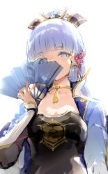 Rule 34 | 1girl, anmi, arm guards, armor, ayaka (genshin impact), blue eyes, blunt bangs, breastplate, breasts, choker, commentary request, covered mouth, folding fan, genshin impact, hair ornament, hair ribbon, hand fan, highres, holding, holding fan, long hair, looking at viewer, mole, mole under eye, ribbon, sidelocks, simple background, solo, white background, white hair