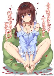 Rule 34 | 1girl, bare shoulders, barefoot, blush, bra strap, breasts, brown hair, camisole, cleavage, cushion, hairband, jewelry, knees up, long hair, mishima akari, onaji class no idol-san. around me is full by a celebrity., pendant, petals, purple eyes, sitting, skirt, smile, solo, unasaka ryou