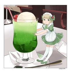 Rule 34 | 1girl, absurdres, apron, artist name, blonde hair, blunt bangs, blush, bob cut, border, bow, bowtie, cherry, cherry hair ornament, closed mouth, commentary request, cream soda, dress, drinking straw, food, food-themed hair ornament, fruit, full body, green bow, green bowtie, green dress, green eyes, green footwear, hair bow, hair ornament, highres, ice cream, ice cream float, ice cream spoon, indoors, looking at viewer, maid, maid headdress, mini person, minigirl, nagomurasan, original, outstretched arms, polka dot, polka dot bow, polka dot dress, puffy short sleeves, puffy sleeves, restaurant, shoes, short dress, short hair, short sleeves, smile, solo, spoon, standing, tareme, thighhighs, white apron, white border, white thighhighs