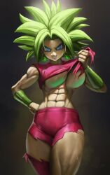 Rule 34 | 1girl, abs, absurdres, blue eyes, breasts, dragon ball, dragon ball super, earrings, elite nappa, green hair, grin, hand on own hip, highres, jewelry, kefla (dragon ball), large breasts, looking at viewer, muscular, muscular female, potara earrings, smile, solo, spiked hair, super saiyan, thighs, torn clothes