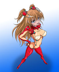 Rule 34 | 1girl, ass, blue eyes, blush, bodysuit, breasts, brown hair, butt crack, cosplay, covered erect nipples, female focus, full body, gradient background, hair ornament, hairpin, hand on own hip, hip focus, houjou hibiki, large breasts, long hair, look-alike, marubayashi shumaru, neon genesis evangelion, plugsuit, precure, rebuild of evangelion, red thighhighs, short twintails, skin tight, smile, solo, souryuu asuka langley, souryuu asuka langley (cosplay), suite precure, test plugsuit, thighhighs, twintails, two side up, vyz03110