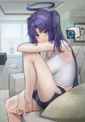 Rule 34 | 1girl, absurdres, doodle sensei (blue archive), bare legs, barefoot, black shorts, blue archive, blush, dolphin shorts, drone, halo, highres, indoors, knee up, looking at viewer, purple eyes, purple hair, robotic vacuum cleaner, sensei (blue archive), short shorts, shorts, sitting, smile, solo, tank top, two side up, uth 95, white tank top, yuuka (blue archive)