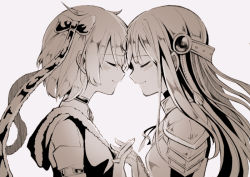 Rule 34 | 2girls, armlet, armor, arms at sides, azusa mifuyu, black choker, black neckwear, choker, christy mii, closed eyes, closed mouth, crying, floating hair, forehead-to-forehead, from side, fur trim, grey background, hair ribbon, hands up, happy tears, heads together, high collar, holding hands, interlocked fingers, jewelry, long hair, magia record: mahou shoujo madoka magica gaiden, mahou shoujo madoka magica, monochrome, multiple girls, nanami yachiyo, neck ribbon, pauldrons, profile, ribbon, sepia, short hair, shoulder armor, sidelocks, simple background, smile, standing, straight hair, tears, upper body