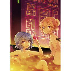 Rule 34 | 2girls, alcohol, alternate hairstyle, back, bat wings, blonde hair, blue hair, border, cup, drinking glass, fangs, flandre scarlet, hair bun, looking at viewer, minamura haruki, multiple girls, no headwear, no headwear, nude, open mouth, partially submerged, pointy ears, red eyes, remilia scarlet, short hair, single hair bun, smile, touhou, wet, wine, wine glass, wings