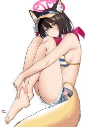 Rule 34 | 1girl, animal ears, bare arms, bare legs, bare shoulders, barefoot, bikini, black hair, blue archive, blush, commentary request, cutoffs, grey shorts, highres, izuna (blue archive), izuna (swimsuit) (blue archive), knees up, looking at viewer, pinepin, short hair, short shorts, shorts, simple background, sitting, solo, striped bikini, striped clothes, swimsuit, tail, thighs, visor cap, white background, yellow eyes