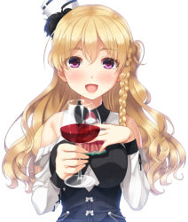 Rule 34 | 10s, 1girl, :d, alcohol, ascot, bare shoulders, black corset, blonde hair, blush, braid, breasts, corset, cup, drinking glass, french braid, hat, highres, holding, holding cup, imachireki, kantai collection, large breasts, long hair, long sleeves, mini hat, open mouth, pink eyes, shirt, simple background, smile, solo, wavy hair, white background, white shirt, wine, wine glass, zara (kancolle), zara due (kancolle)