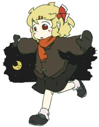 Rule 34 | 1girl, :o, airplane arms, blonde hair, child, coat, crescent moon, embodiment of scarlet devil, female focus, hair ornament, hair ribbon, hairclip, mittens, moon, night, outstretched arms, peconica, ribbon, rumia, running, scarf, sky, solo, spread arms, spread legs, star (sky), starry sky, touhou, winter clothes