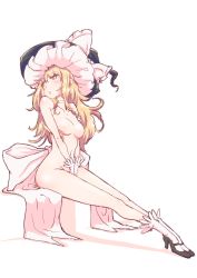 Rule 34 | 1girl, absurdres, between legs, black footwear, black hat, blonde hair, blush, bow, breasts, choker, collarbone, eyelashes, frilled hat, frills, full body, gloves, groin, hair between eyes, hand between legs, hat, hat bow, high heels, highres, kirisame marisa, long hair, looking away, navel, nipples, non (z-art), nude, parted lips, sidelocks, small breasts, socks, solo, stomach, touhou, white bow, white choker, white gloves, white socks, witch hat, yellow eyes