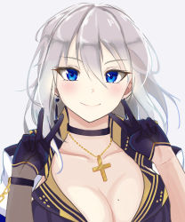 Rule 34 | 1girl, azur lane, blue eyes, blush, breasts, choker, cleavage, commentary request, cross, cross necklace, double v, earrings, gloves, half gloves, heart, heart earrings, highres, jewelry, large breasts, long hair, looking at viewer, masanobu (wgzc2-5freedom2), medium hair, mole, mole on breast, necklace, silver hair, simple background, smile, solo, upper body, v, washington (azur lane), white background