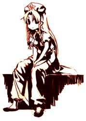 Rule 34 | 1girl, bow, braid, female focus, hair bow, hong meiling, long hair, looking at viewer, monochrome, pants, puffy short sleeves, puffy sleeves, shoes, short sleeves, sitting, solo, star (symbol), takishima asaka, embodiment of scarlet devil, touhou, twin braids