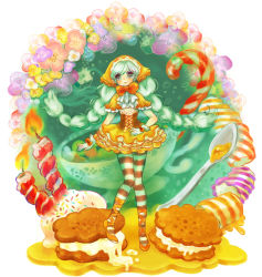 Rule 34 | 1girl, braid, candle, candy, candy cane, cookie, corset, dress, eyelashes, flower, food, green hair, ice cream, long hair, original, pantyhose, solo, spoon, sprinkles, standing, standing on one leg, striped clothes, striped pantyhose, twin braids, very long hair