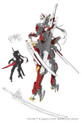 Rule 34 | 1girl, android, armor, commentary request, frown, full body, hand on hilt, highres, horns, humanoid robot, joints, limited palette, looking at viewer, looking back, original, red eyes, robot, robot joints, solo, standing, sword, twintails, ushas, weapon, weapon on back, white background