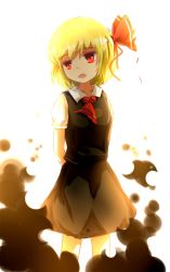 Rule 34 | 1girl, arms behind back, bad id, bad pixiv id, blonde hair, bow, darkness, fang, hair ribbon, highres, kotou (ko-tou), open mouth, red eyes, ribbon, rumia, short hair, skirt, solo, touhou