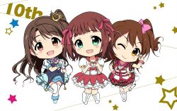 Rule 34 | 10s, 3girls, :d, ;), amami haruka, anniversary, artist request, brown eyes, brown hair, chibi, crown, dreaming stars (idolmaster), green eyes, hair ornament, hair ribbon, hairclip, half updo, highres, idolmaster, idolmaster (classic), idolmaster cinderella girls, idolmaster million live!, kasuga mirai, long hair, looking at viewer, mini crown, multiple girls, mycstea, one eye closed, one side up, open mouth, puff and slash sleeves, puffy short sleeves, puffy sleeves, ribbon, shimamura uzuki, short hair, short sleeves, side ponytail, skirt, smile, star!!, starry fairy (idolmaster), trait connection