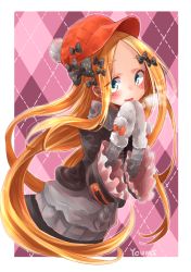 Rule 34 | 1girl, abigail williams (fate), argyle, argyle background, argyle clothes, black bow, black hat, black jacket, blonde hair, blue eyes, blush, border, bow, breasts, colored skin, fate/grand order, fate (series), forehead, grey sweater, hair bow, hat, highres, jacket, long hair, long sleeves, looking at viewer, mittens, multiple hair bows, mumu yu mu, open mouth, orange bow, orange hat, parted bangs, pink background, polka dot, polka dot bow, smile, solo, sweater, very long hair, white border, white skin