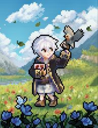 Rule 34 | 1boy, animal, bird, bird on hand, black robe, blue flower, blue sky, book, brown footwear, cloud, day, fire emblem, fire emblem awakening, fire emblem heroes, flower, full body, gold trim, grass, highres, holding, holding book, hooded robe, looking at animal, looking to the side, male focus, meadow, mountain, nature, nintendo, on grass, outdoors, pixel art, riri 5364, robe, robin (fire emblem), robin (male) (child) (fire emblem), robin (male) (fire emblem), shirt, shoes, sky, solo, standing, white hair, white shirt