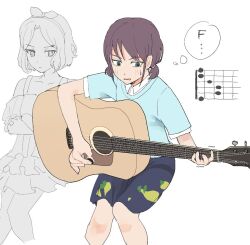 Rule 34 | 2girls, 774 (nanashi fox4), acoustic guitar, black shirt, blue shirt, bow hairband, brown hair, chord diagram, collared shirt, commentary request, crossed arms, dress, ebizuka tomo, girls band cry, green eyes, guitar, hairband, holding, holding plectrum, instrument, iseri nina, looking at another, multiple girls, plectrum, print skirt, shirt, short sleeves, short twintails, simple background, sitting, skirt, sweatdrop, thought bubble, twintails, white background