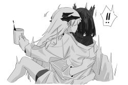 Rule 34 | !, !!, 2girls, arknights, bad id, bad pixiv id, bare legs, brown hair, coffee mug, cup, dragon horns, feather hair, greyscale, highres, horns, hug, lab coat, long hair, monochrome, motion blur, motion lines, mug, multiple girls, saria (arknights), short hair, shorts, silence (arknights), simple background, striped clothes, striped sweater, surprised, sweater, turtleneck, white background, white hair, zy (zyyyyyyy9)