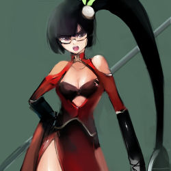 Rule 34 | 1girl, bare shoulders, black hair, blazblue, breasts, byte (grunty-hag1), china dress, chinese clothes, cleavage, cleavage cutout, clothing cutout, dress, female focus, glasses, hair ornament, hand on own hip, litchi faye ling, long hair, lowres, open mouth, ponytail, side ponytail, solo, very long hair