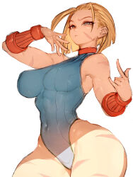 Rule 34 | 1girl, antenna hair, aqua leotard, bare shoulders, blonde hair, blue eyes, breasts, brown background, cameltoe, cammy white, camouflage, covered erect nipples, covered navel, curvy, fighting stance, fumio (rsqkr), gauntlets, gloves, hair down, highleg, highleg leotard, highres, large breasts, legs together, leotard, long hair, looking at viewer, narrow waist, no headwear, official alternate hairstyle, shiny skin, simple background, solo, standing, street fighter, street fighter 6, thick thighs, thighs, thong leotard, very long hair, wide hips