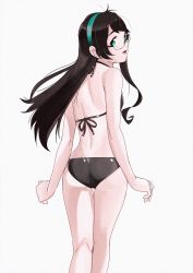 Rule 34 | 1girl, alternate costume, ass, back, bare shoulders, bikini, black hair, breasts, commentary request, from behind, glasses, green eyes, hair between eyes, hairband, halterneck, highres, kantai collection, long hair, looking at viewer, looking back, ojipon, ooyodo (kancolle), semi-rimless eyewear, side-tie bikini bottom, simple background, small breasts, smile, solo, standing, swimsuit, thighs, under-rim eyewear, white background