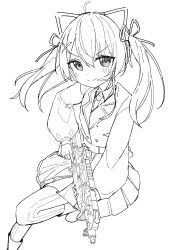 Rule 34 | 1girl, absurdres, apex legends, bad id, bad twitter id, blazer, blush, boots, closed mouth, collared shirt, commentary, fingerless gloves, gloves, greyscale, gun, hair between eyes, hair ornament, hair ribbon, hairclip, headset, highres, holding, holding gun, holding weapon, hololive, jacket, long sleeves, looking at viewer, monochrome, natsuiro matsuri, necktie, okota mikan, pleated skirt, puffy long sleeves, puffy sleeves, ribbon, school uniform, shirt, simple background, skirt, solo, symbol-only commentary, thighhighs, thighhighs under boots, twintails, unfinished, v-shaped eyebrows, virtual youtuber, weapon, white background, x hair ornament