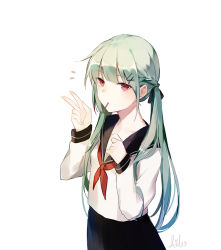 Rule 34 | 1girl, aiko (kanl), artist name, bad id, bad pixiv id, black skirt, braid, closed mouth, expressionless, food in mouth, green hair, hands up, long hair, long sleeves, looking at viewer, low twintails, mole, mole under eye, neckerchief, original, pleated skirt, red eyes, red neckerchief, school uniform, serafuku, signature, simple background, skirt, solo, twintails, upper body, v, white background